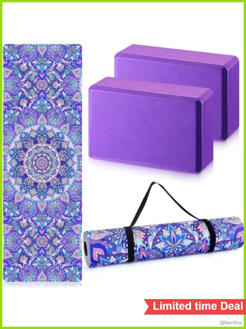 Yoga Mat 6mm Non Slip TPE with 2 EVA Blocks and Strap Set